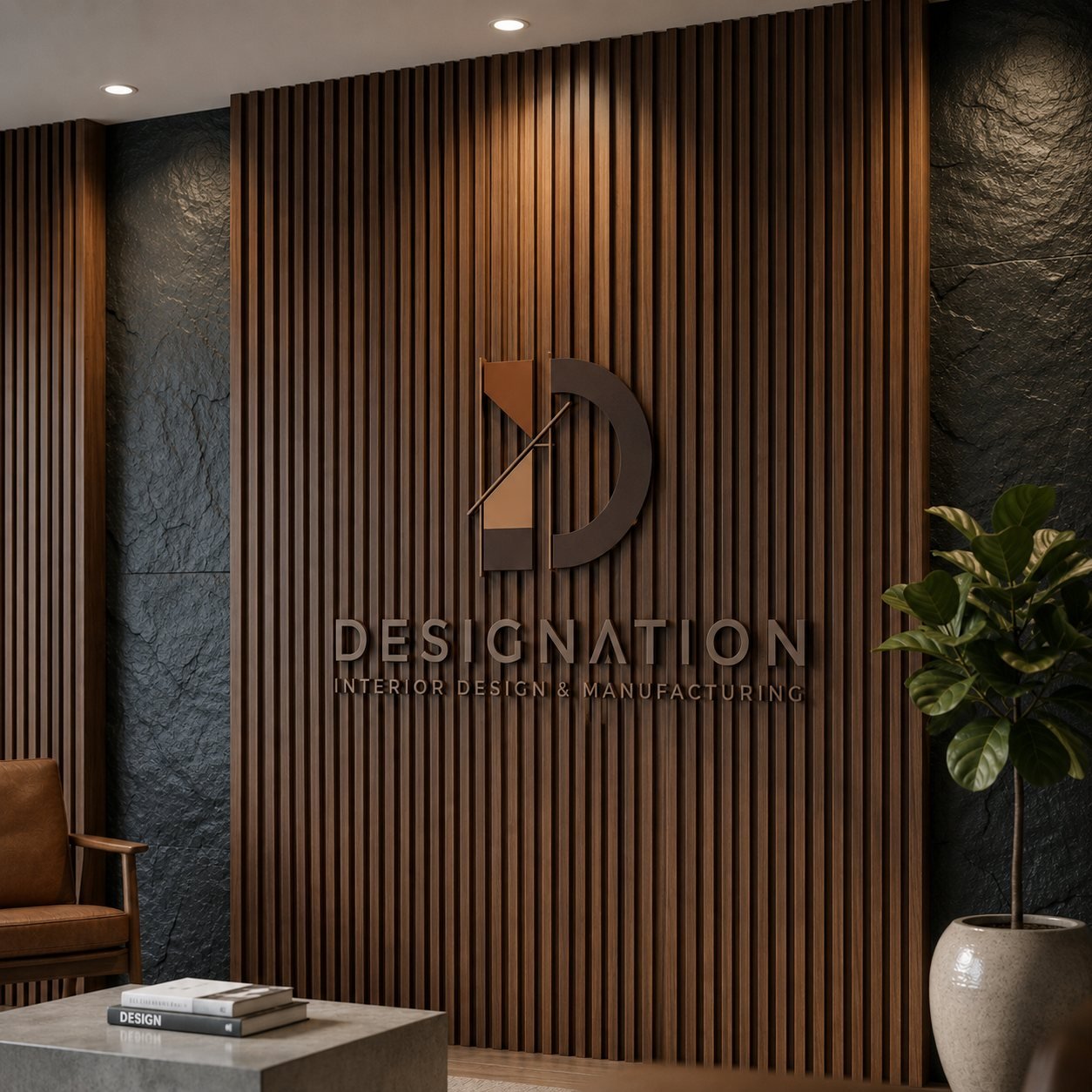 Designation branded wood-slat feature wall in a luxury interior in Al Khobar, Saudi Arabia