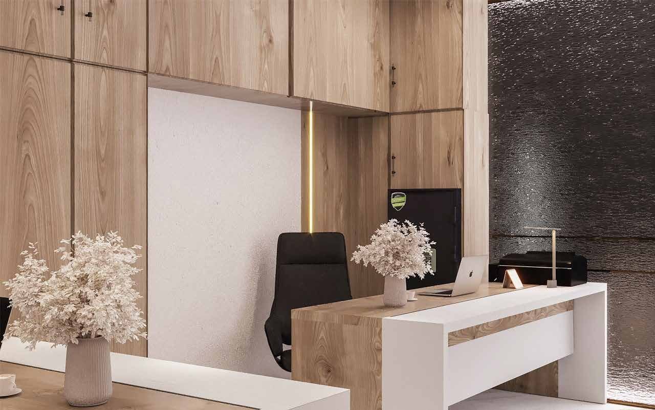 تجهيز وتشطيب كامل لمقر إداري وتكسيات خشبية — مكاتب شركة المدينة، الدمام