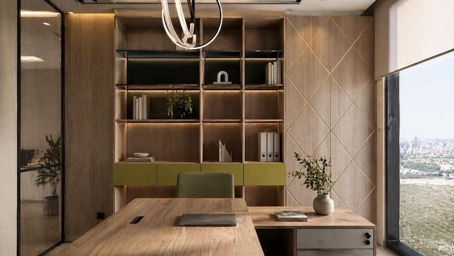 تصميم وتأثيث مكتب تنفيذي مكسو بالبلوط — تصميم وتنفيذ ديزيجنيشن